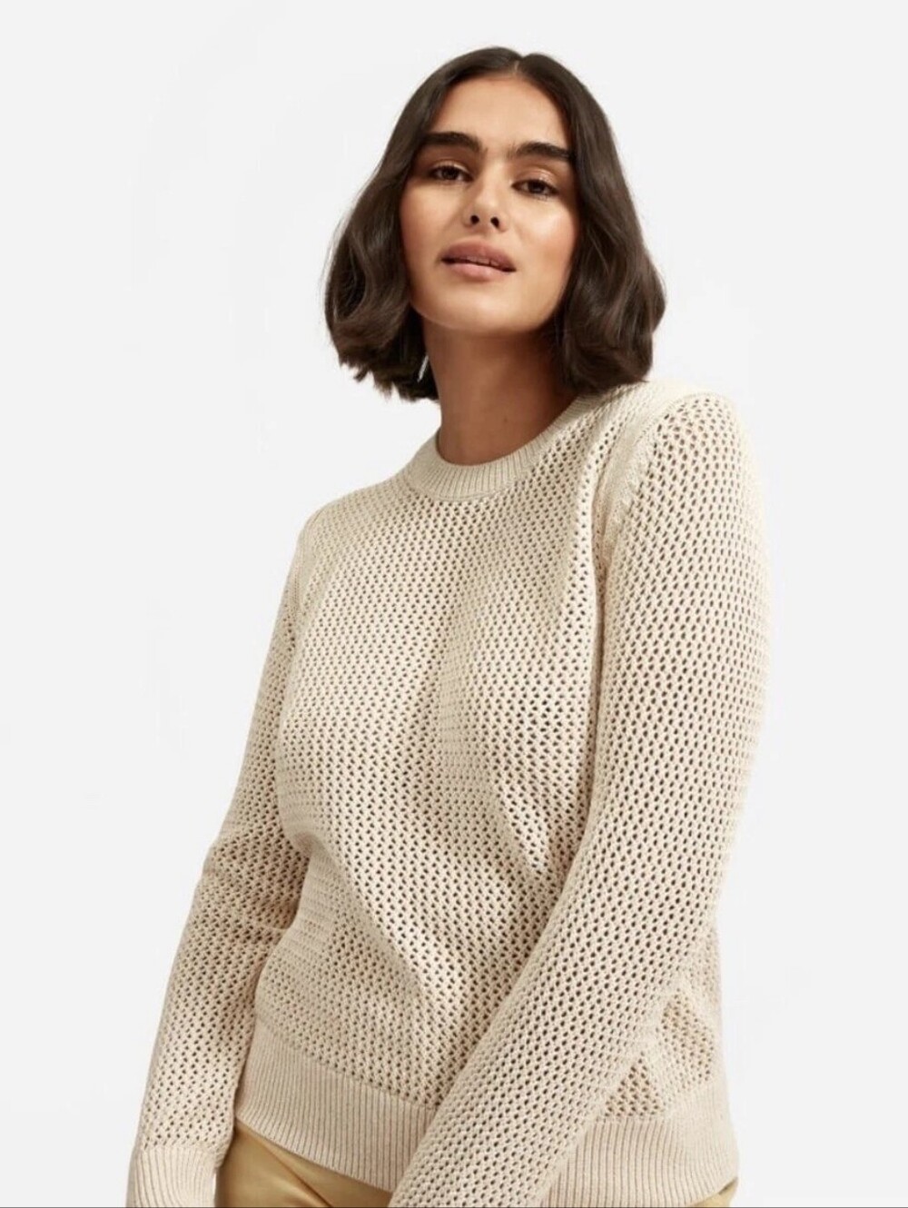 Everlane Mesh Soft Cotton Crew Neck Sweater Tan Beige Open Knit Size L Fisherman - Picture 2 of 10
